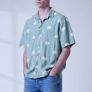 Folk Men's Sage Green / Gray Short Sleeve Button Down Conway Shirt Size Large